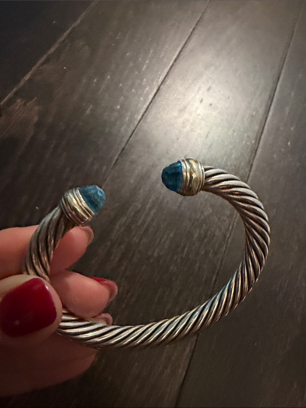 David Yurman Silver and Gold Tone Open Cuff Bracelet with Blue Stone
